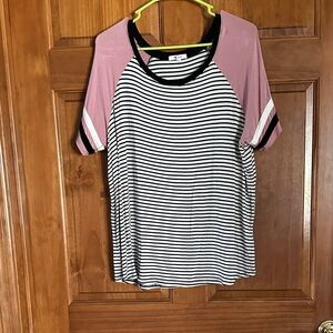 Maurices Black and White Striped Tee with Pink Sleeves